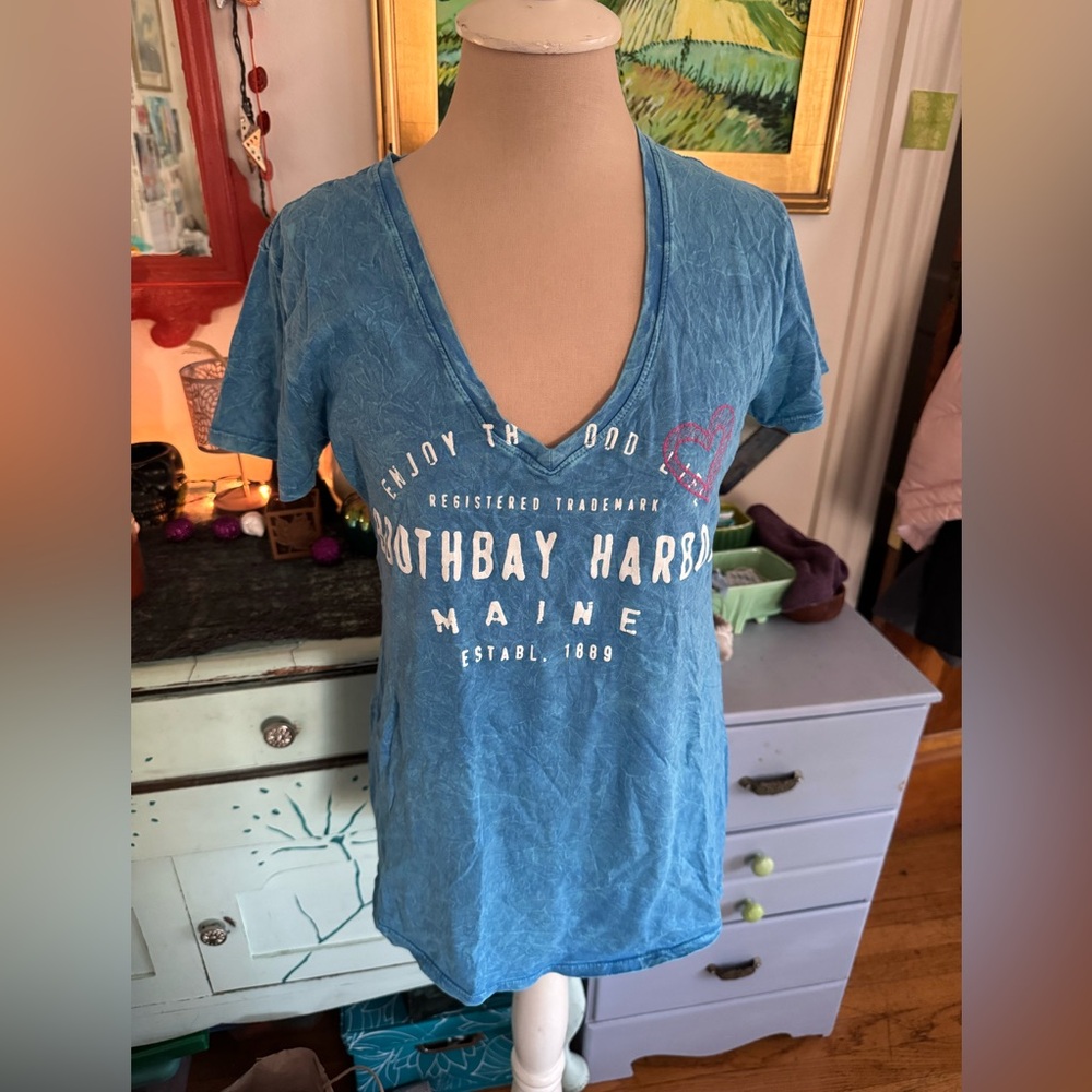 E.M.I. Graphic Tee Shirt Boothbay Harbor Maine L Distressed Blue Cotton VGUC
